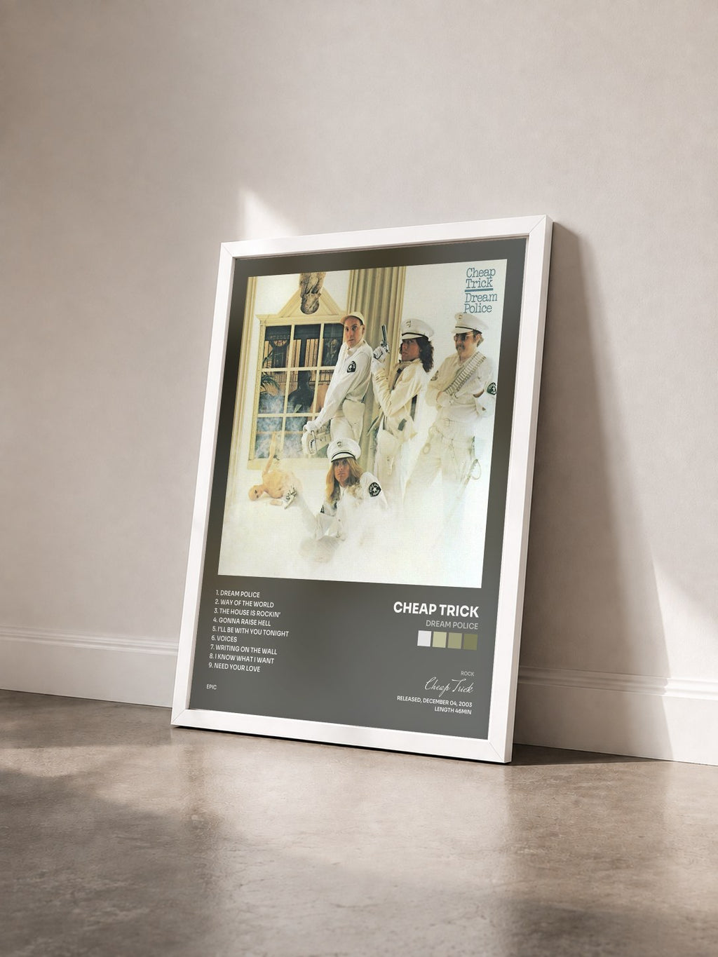 #blanc Tableau de l'album Dream Police de Cheap Trick vu de trois quarts, cadre blanc