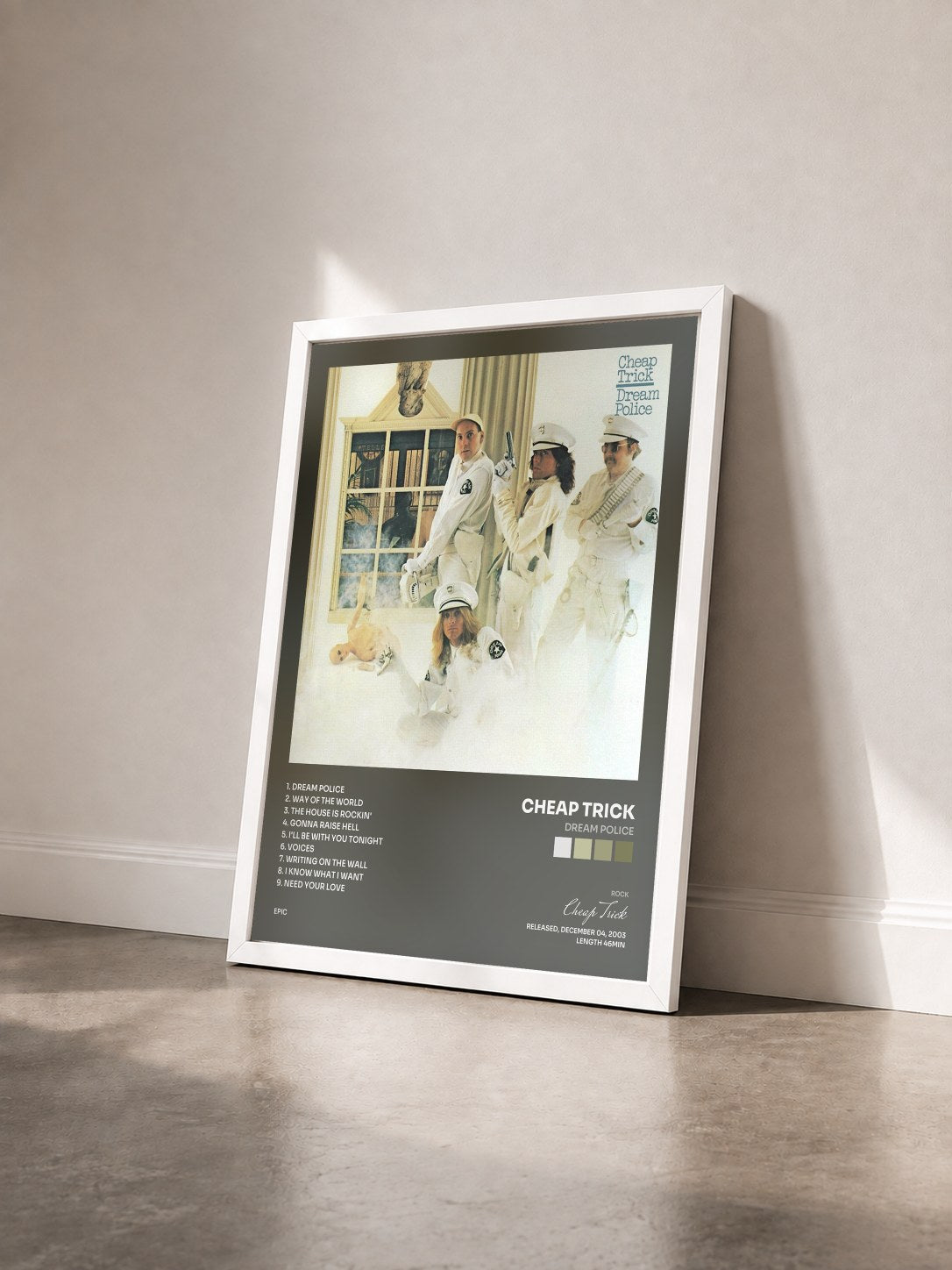 #blanc Tableau de l'album Dream Police de Cheap Trick vu de trois quarts, cadre blanc