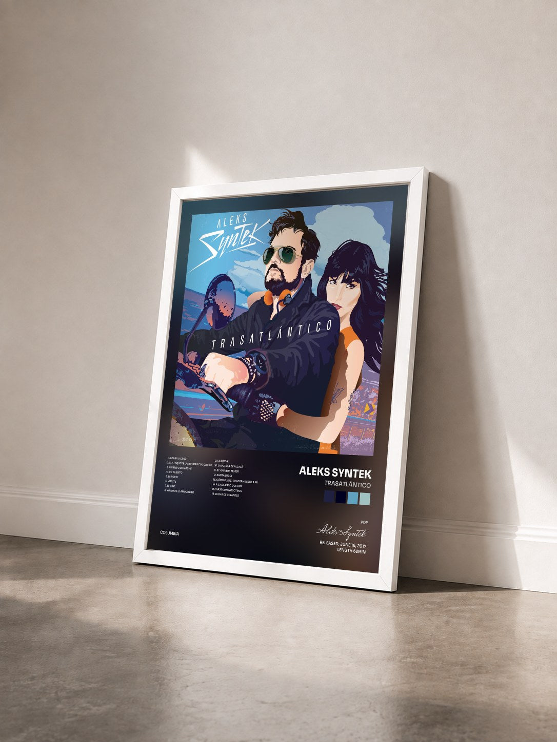 #blanc Tableau de l'album Trasatlántico de Aleks Syntek vu de trois quarts, cadre blanc