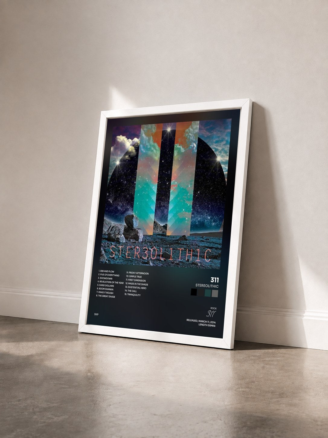 #blanc Tableau de l'album Stereolithic de 311 vu de trois quarts, cadre blanc