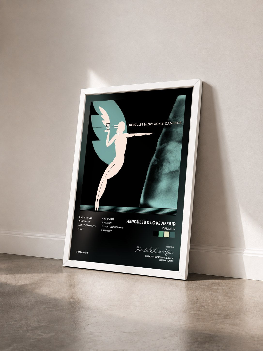 #blanc Tableau de l'album Danseur de Hercules & Love Affair vu de trois quarts, cadre blanc