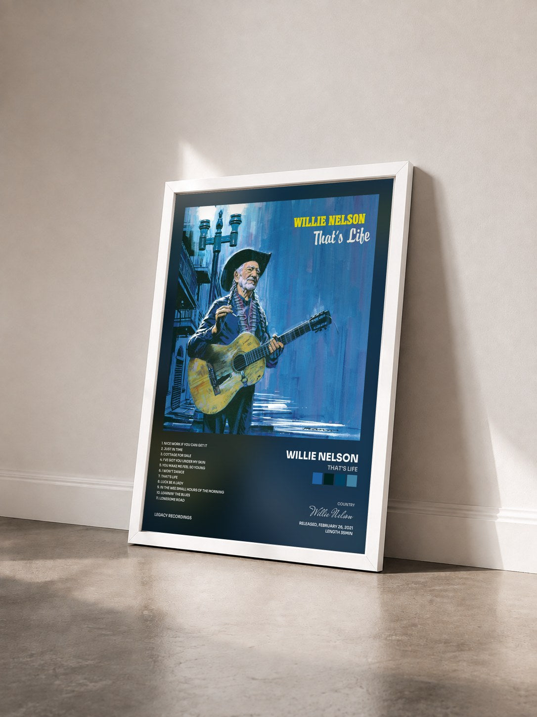 #blanc Tableau de l'album That's Life de Willie Nelson vu de trois quarts, cadre blanc