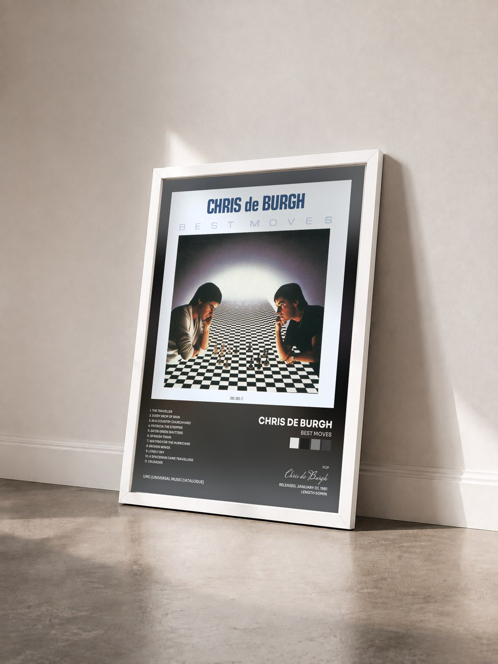 #blanc Tableau de l'album Best Moves de Chris de Burgh vu de trois quarts, cadre blanc