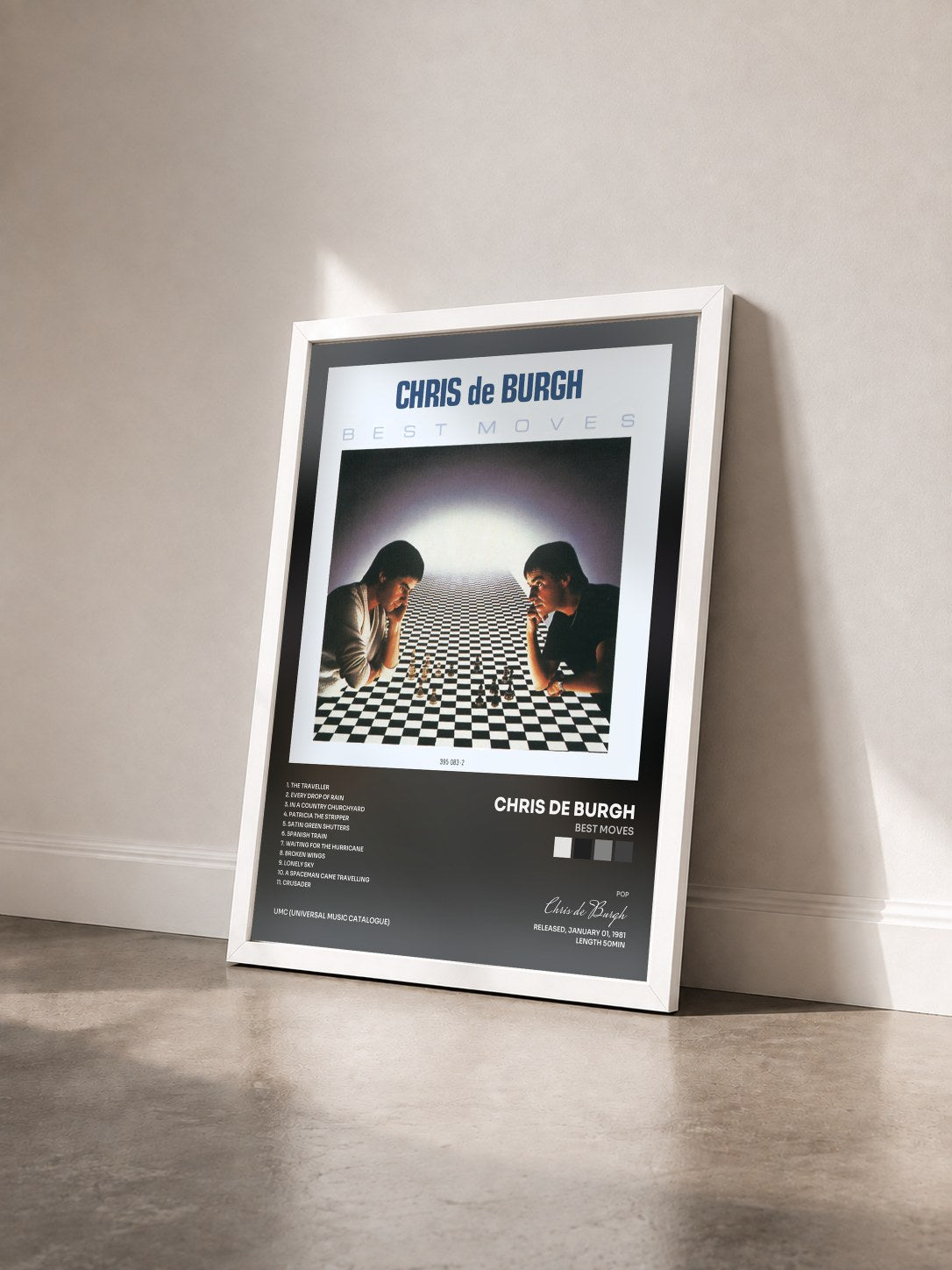 #blanc Tableau de l'album Best Moves de Chris de Burgh vu de trois quarts, cadre blanc