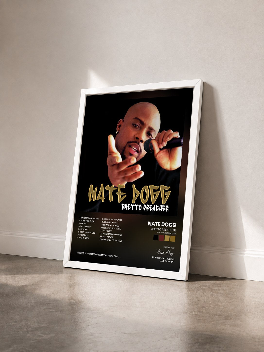 #blanc Tableau de l'album Ghetto Preacher (Digitally Remastered) de Nate Dogg vu de trois quarts, cadre blanc