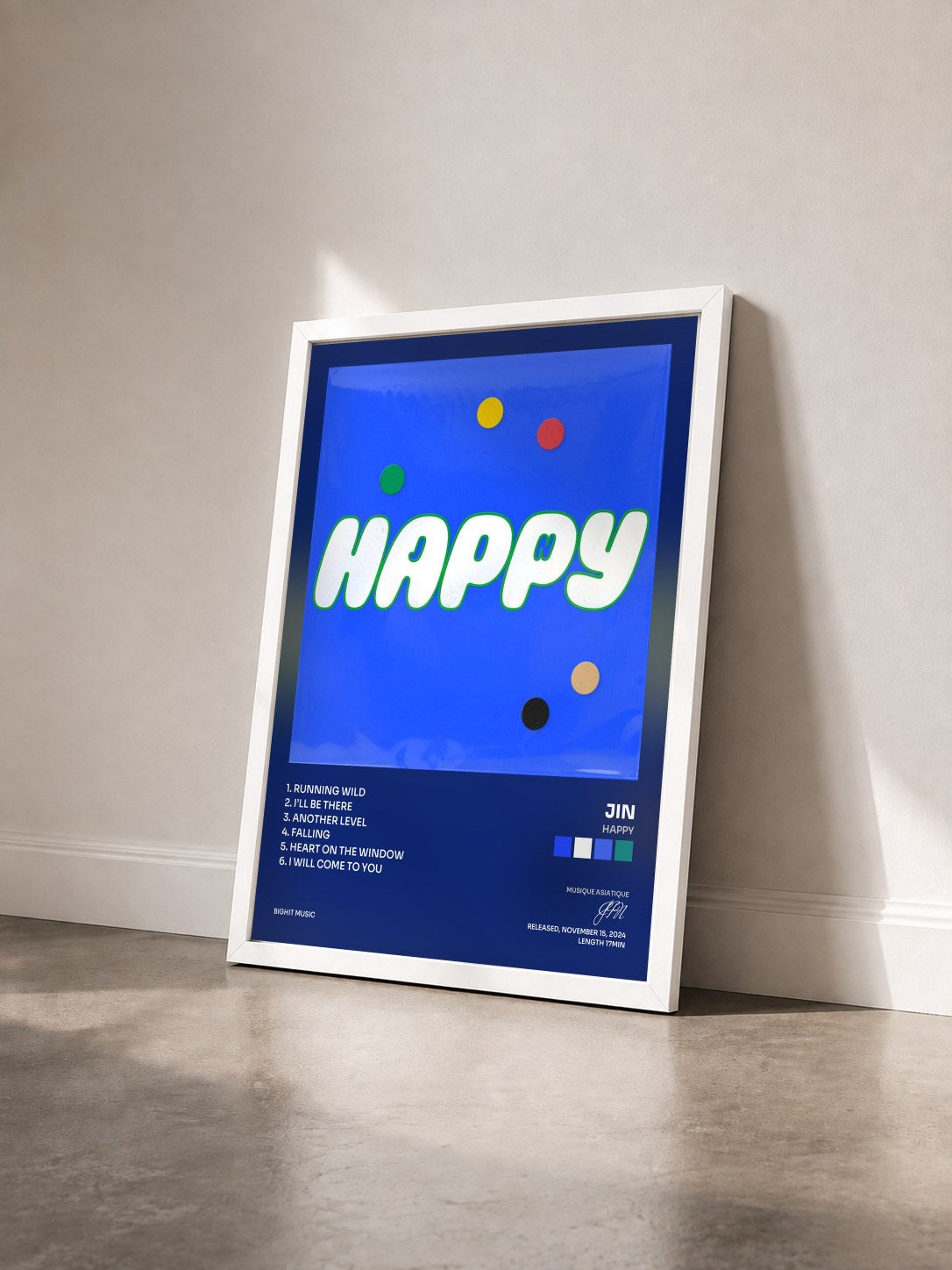 #blanc Tableau de l'album Happy de JIN vu de trois quarts, cadre blanc