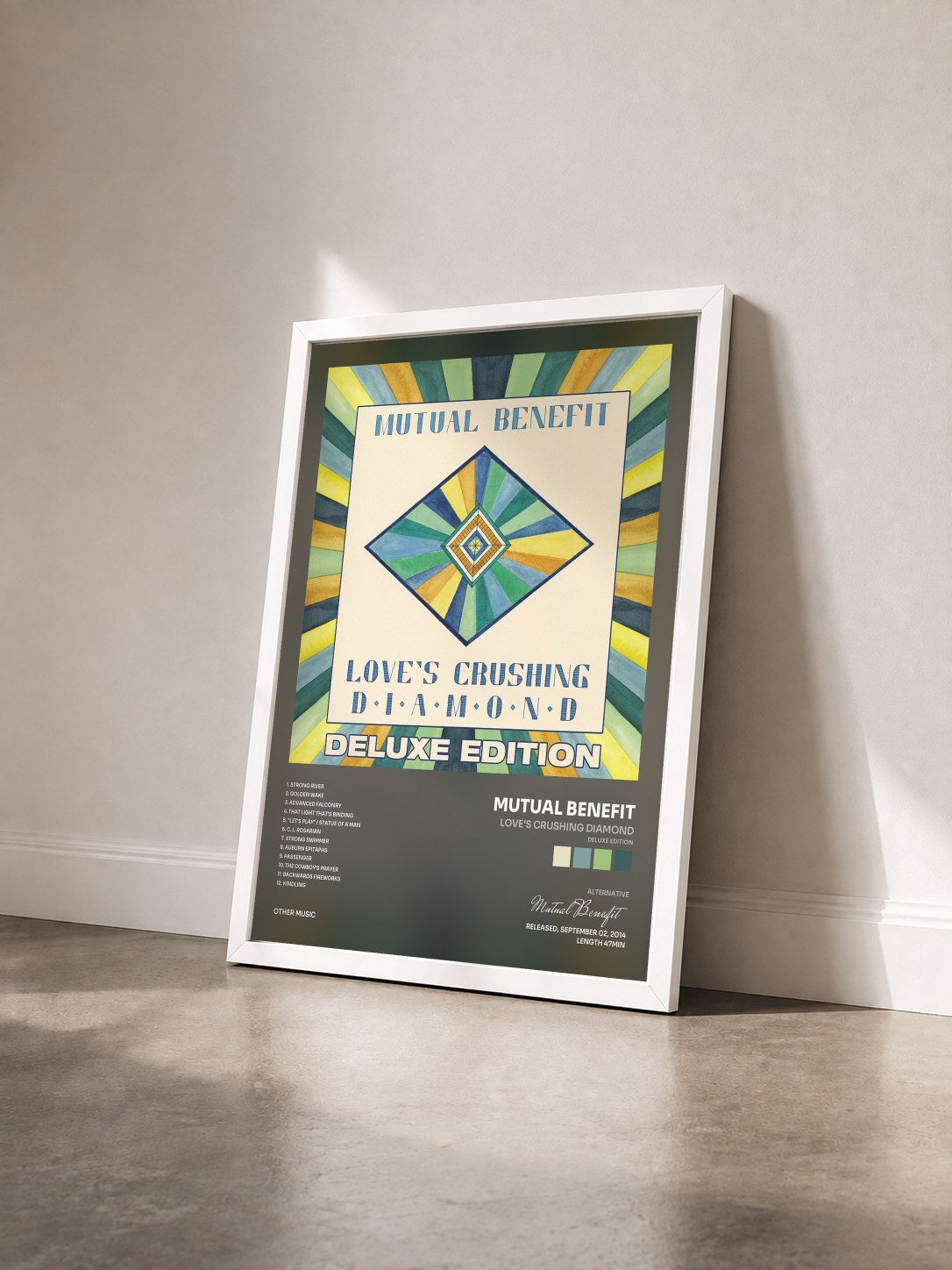#blanc Tableau de l'album Love's Crushing Diamond (Deluxe Edition) de Mutual Benefit vu de trois quarts, cadre blanc