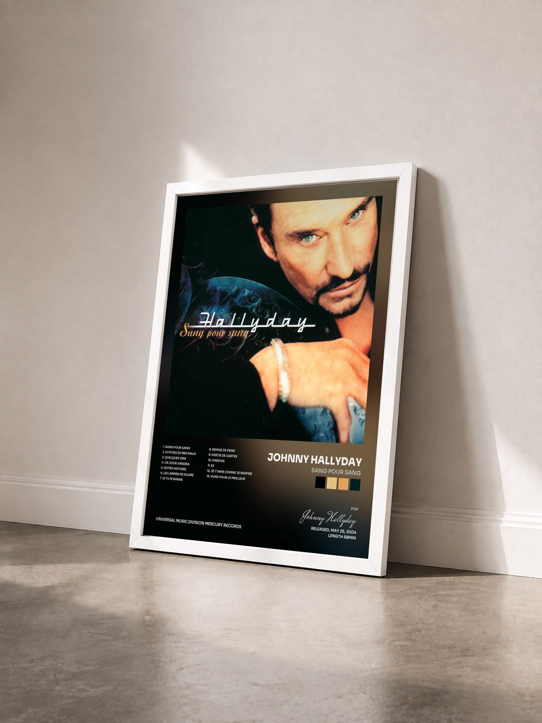 #blanc Tableau de l'album Sang pour sang de Johnny Hallyday vu de trois quarts, cadre blanc