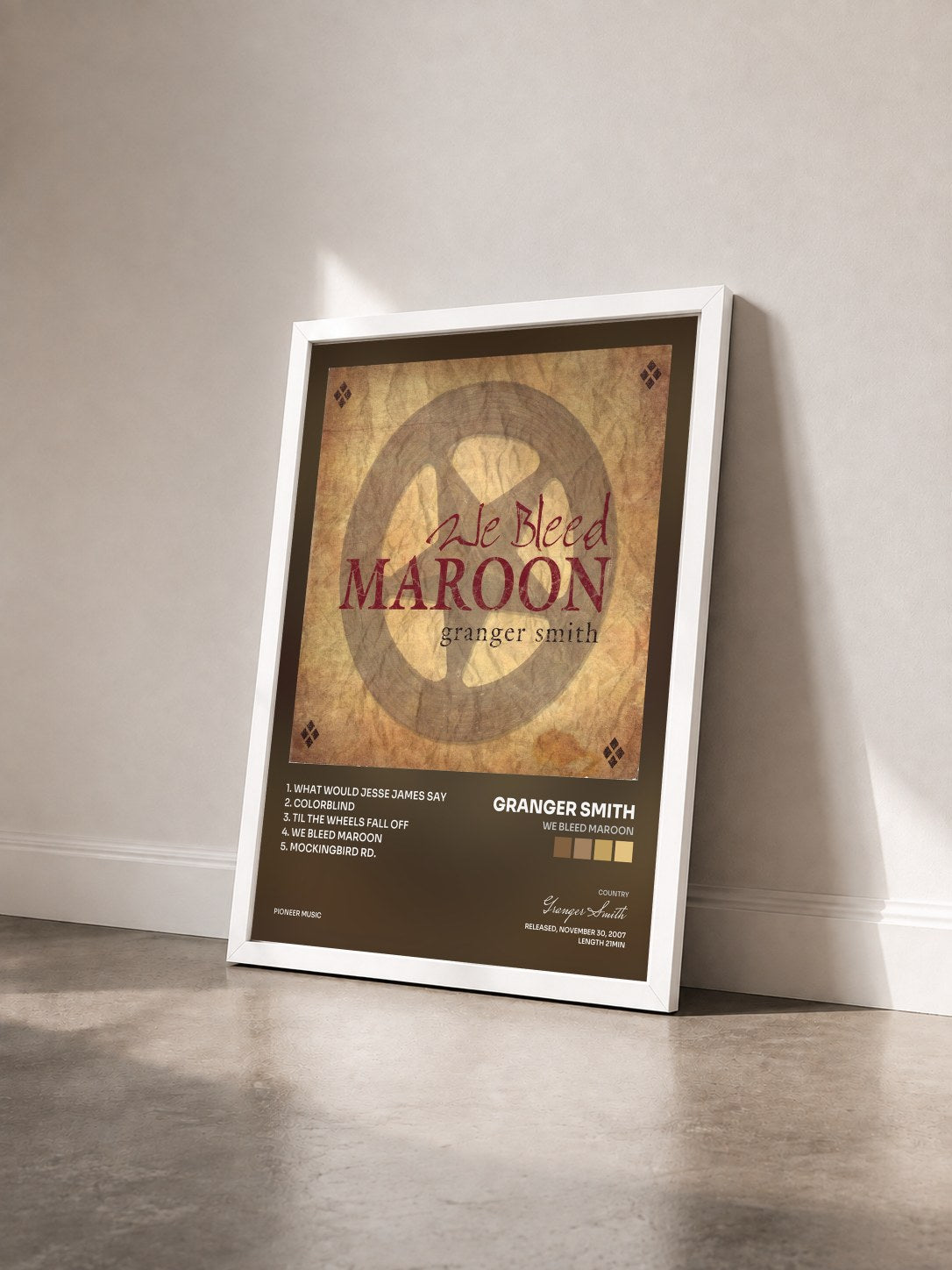 #blanc Tableau de l'album We Bleed Maroon de Granger Smith vu de trois quarts, cadre blanc