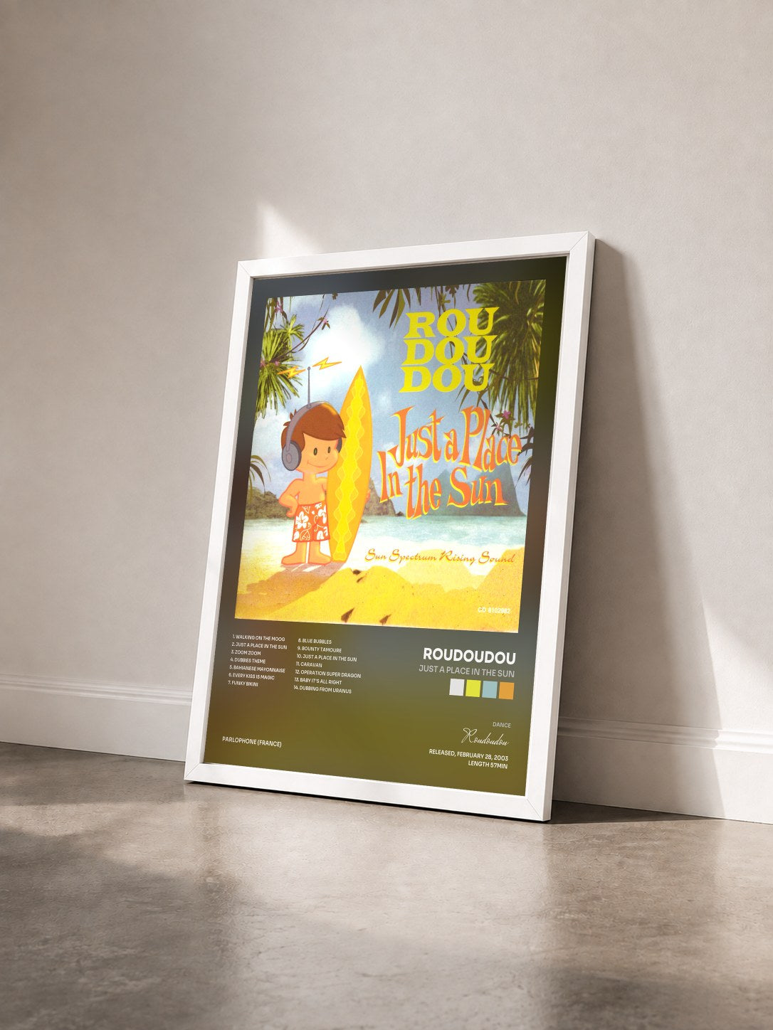 #blanc Tableau de l'album just a place in the sun de Roudoudou vu de trois quarts, cadre blanc
