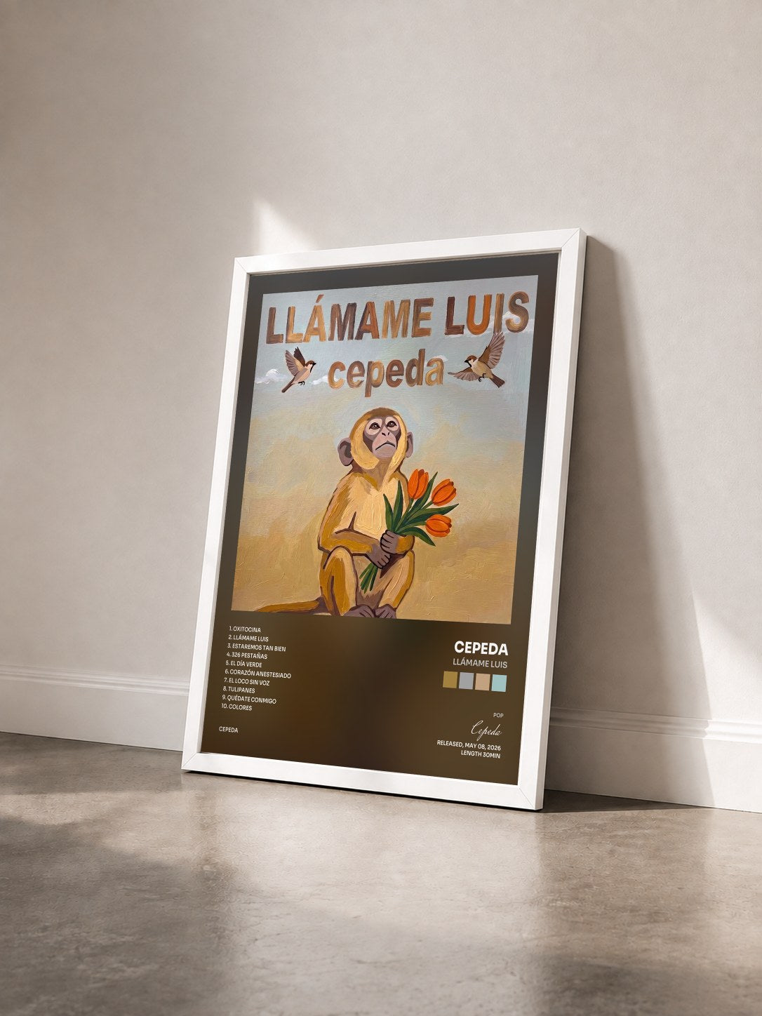 #blanc Tableau de l'album Llámame Luis de Cepeda vu de trois quarts, cadre blanc