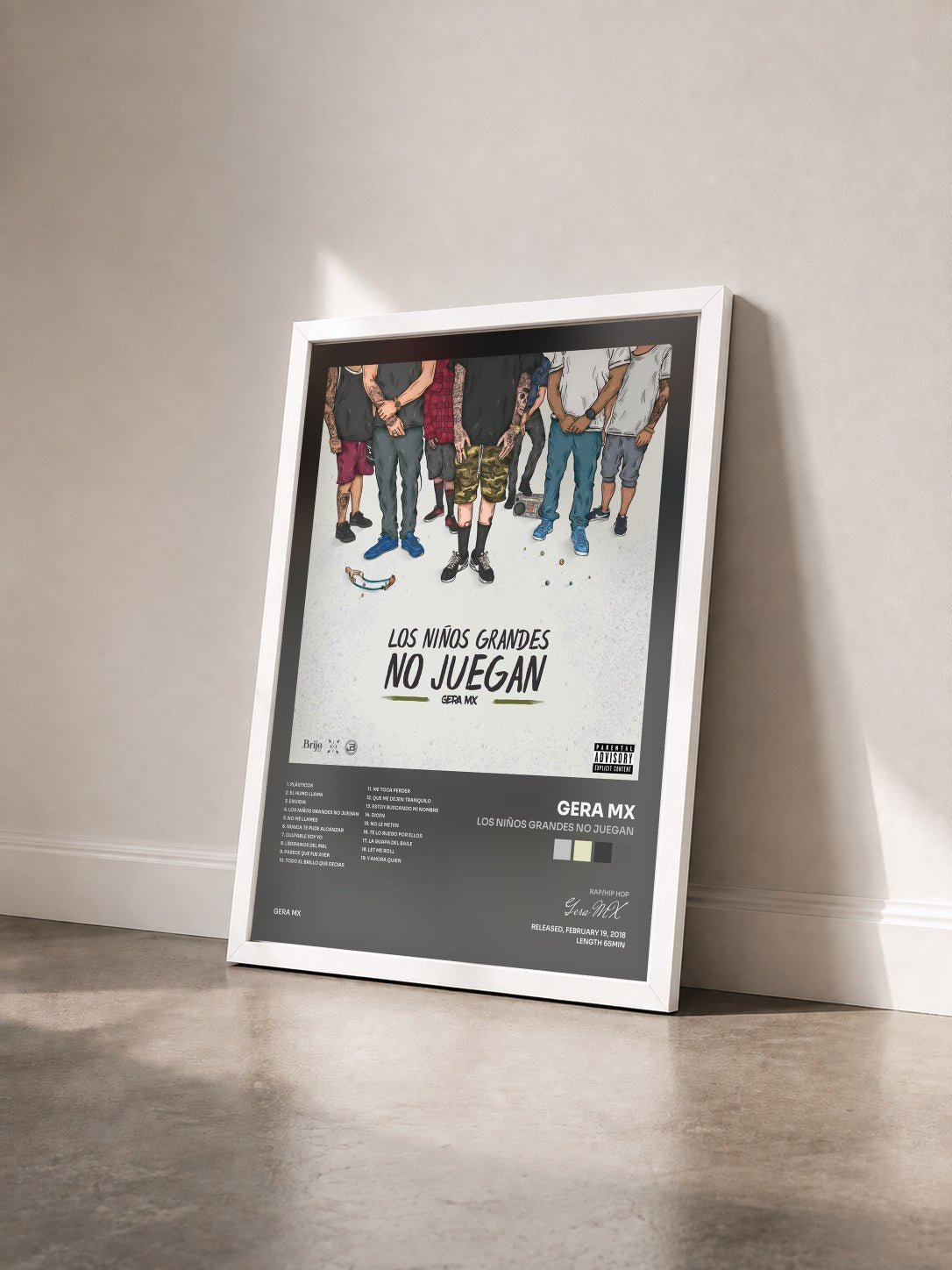 #blanc Tableau de l'album Los Niños Grandes No Juegan de Gera MX vu de trois quarts, cadre blanc