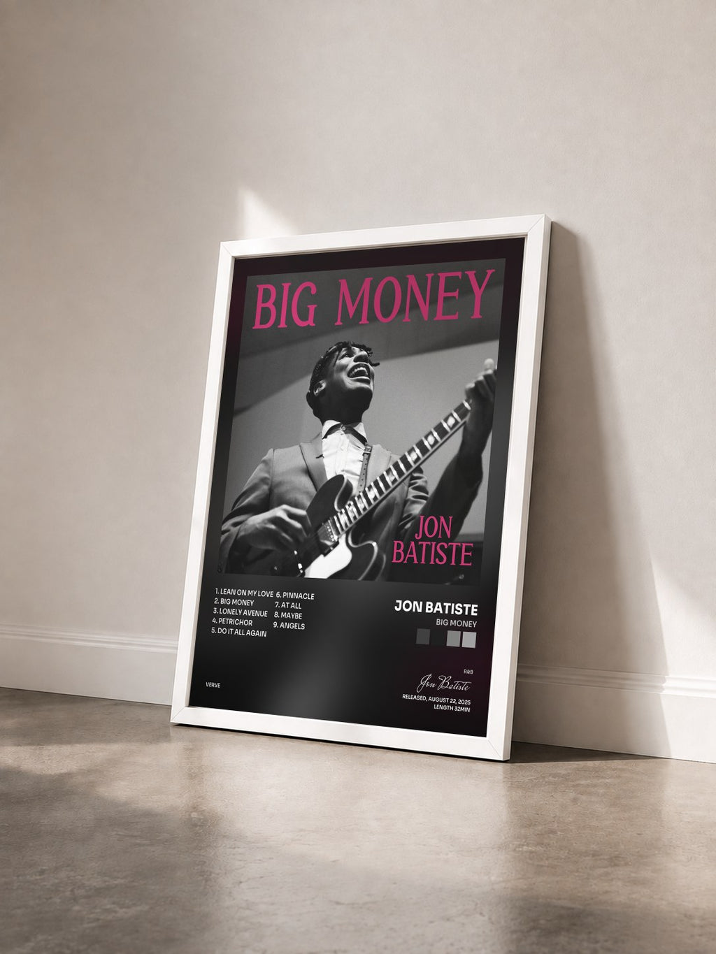 #blanc Tableau de l'album BIG MONEY de Jon Batiste vu de trois quarts, cadre blanc