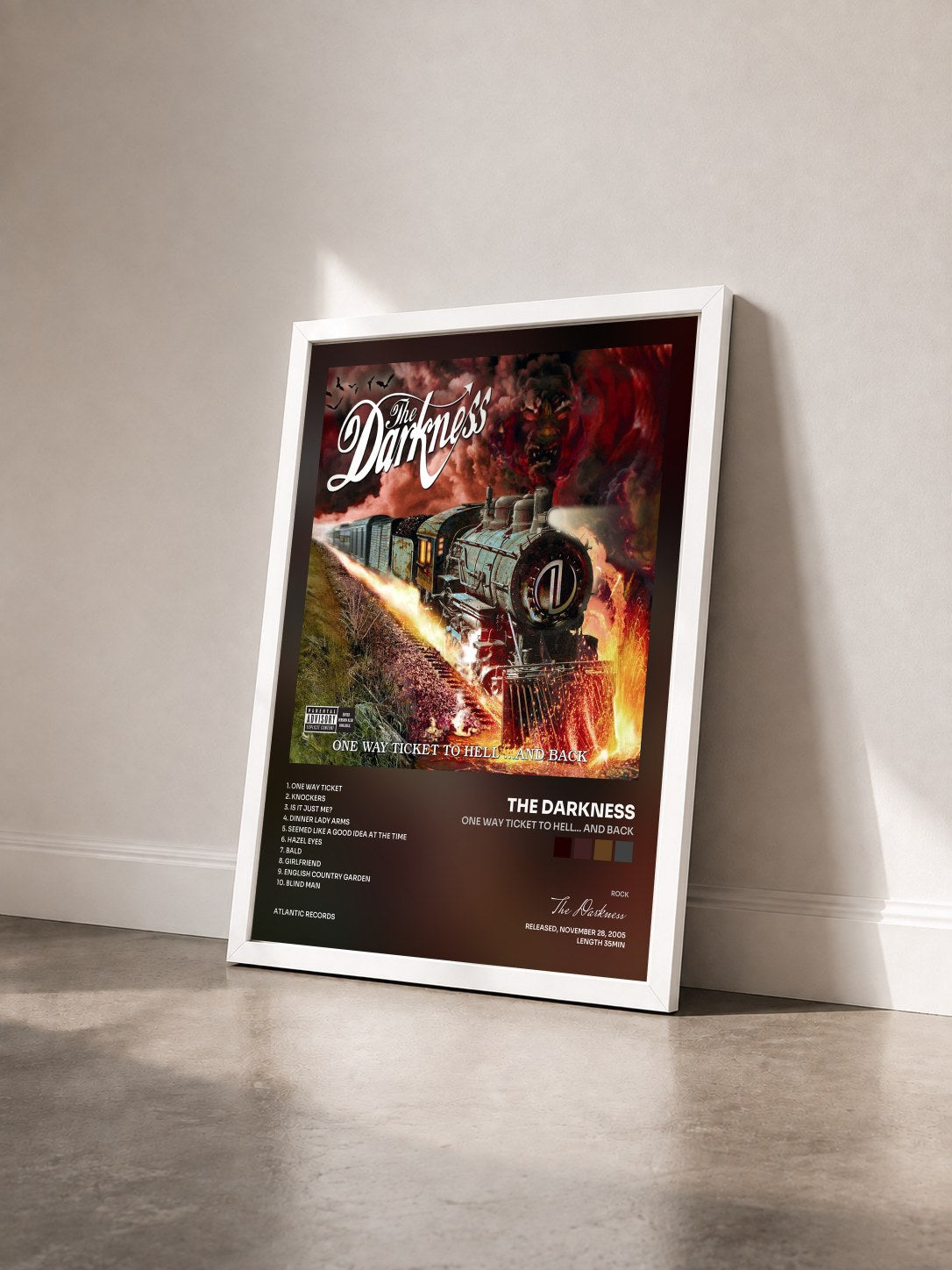 #blanc Tableau de l'album One Way Ticket to Hell... and Back de The Darkness vu de trois quarts, cadre blanc