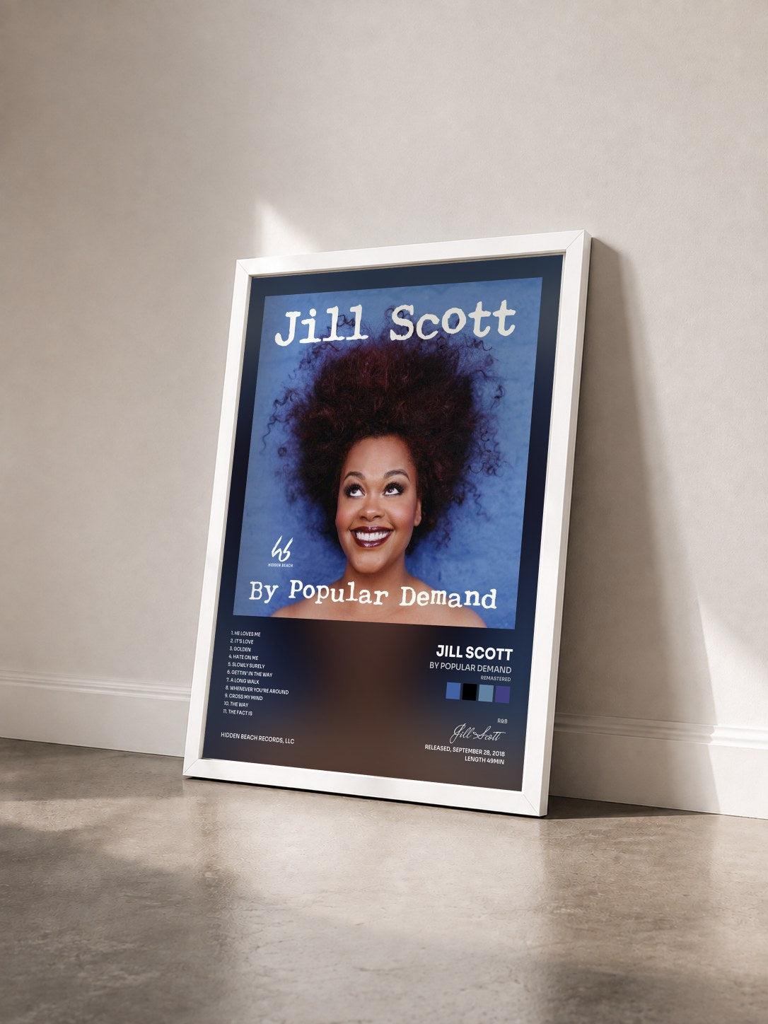 #blanc Tableau de l'album By Popular Demand (Remastered) de Jill Scott vu de trois quarts, cadre blanc
