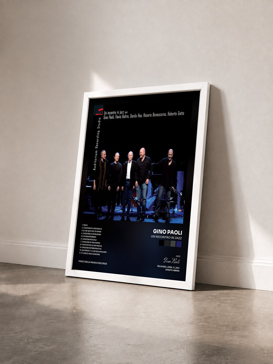 #blanc Tableau de l'album Un incontro in jazz de Gino Paoli vu de trois quarts, cadre blanc