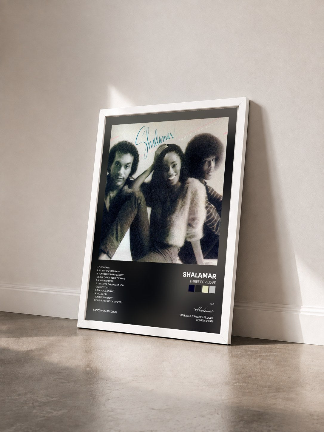 #blanc Tableau de l'album Three for Love de Shalamar vu de trois quarts, cadre blanc