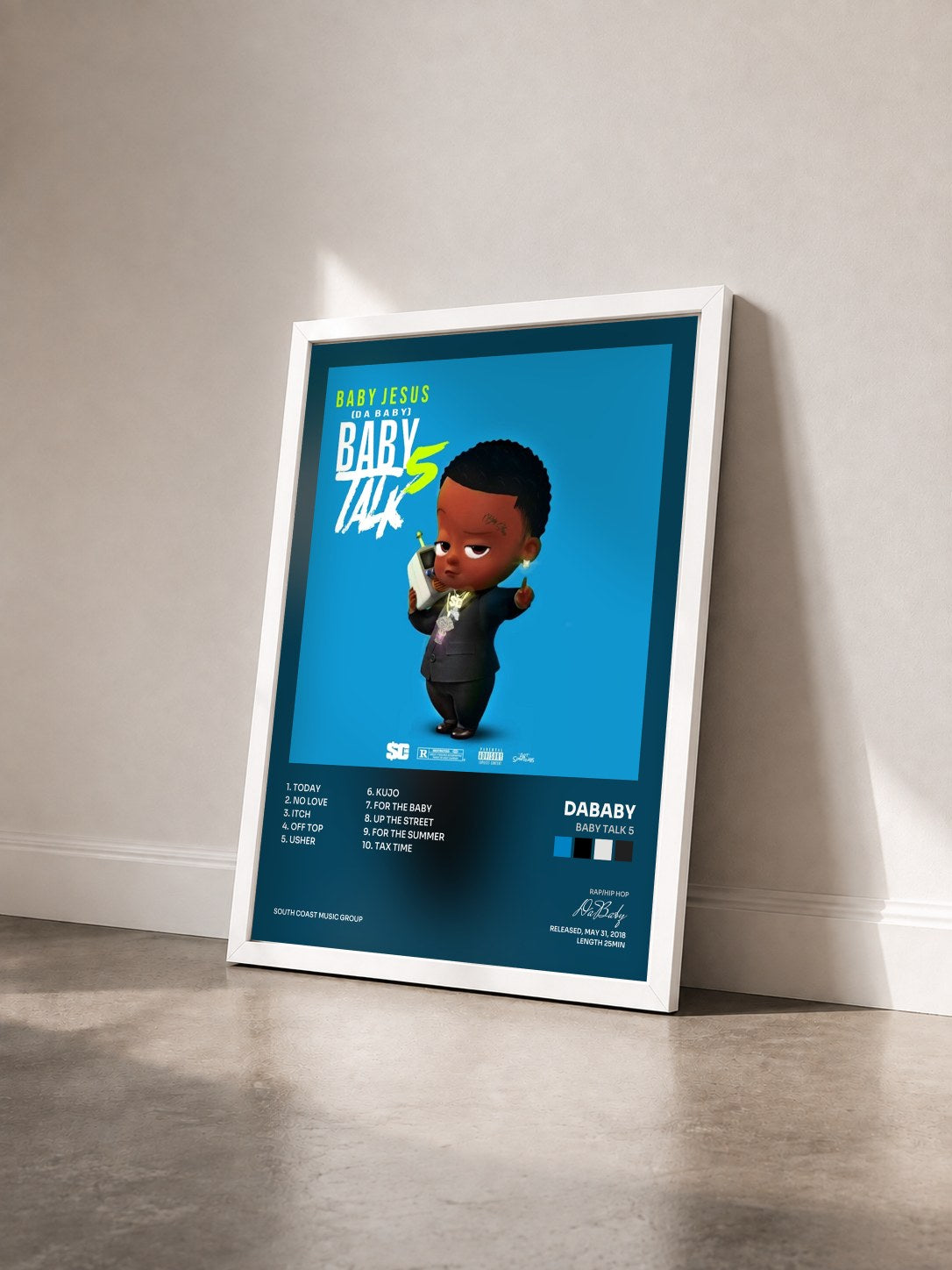 #blanc Tableau de l'album Baby Talk 5 de DaBaby vu de trois quarts, cadre blanc