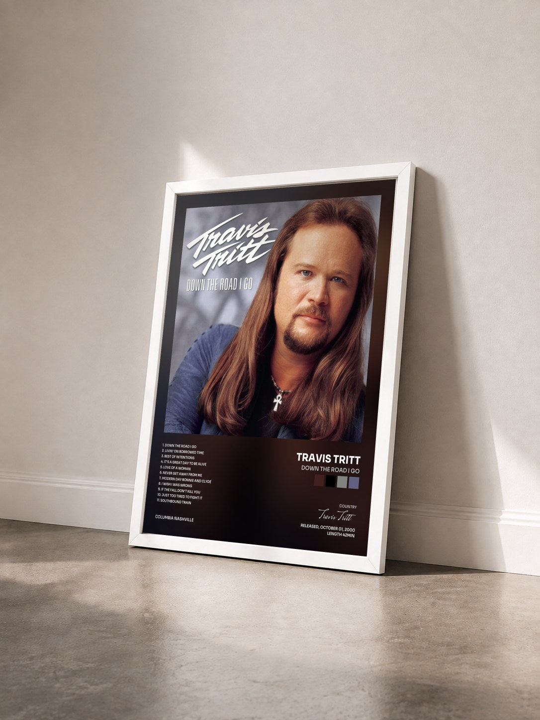 #blanc Tableau de l'album Down The Road I Go de Travis Tritt vu de trois quarts, cadre blanc