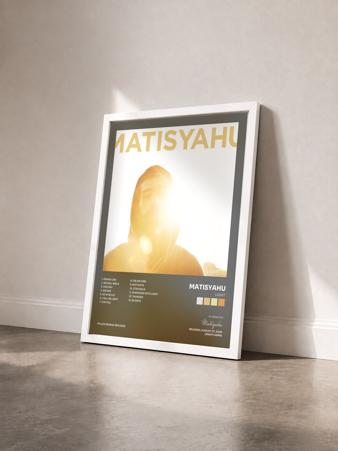 #blanc Tableau de l'album Light de Matisyahu vu de trois quarts, cadre blanc