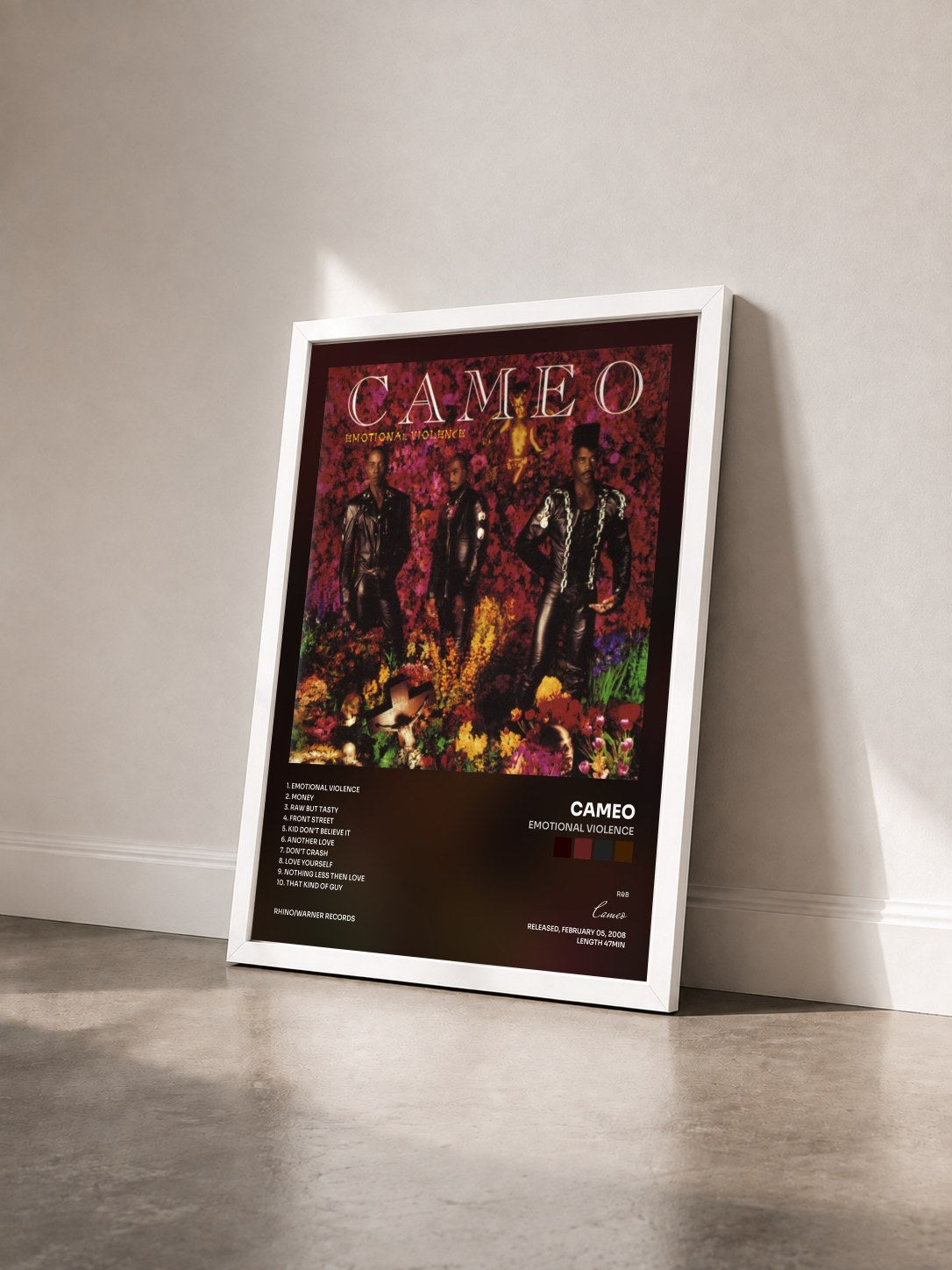 #blanc Tableau de l'album Emotional Violence de Cameo vu de trois quarts, cadre blanc
