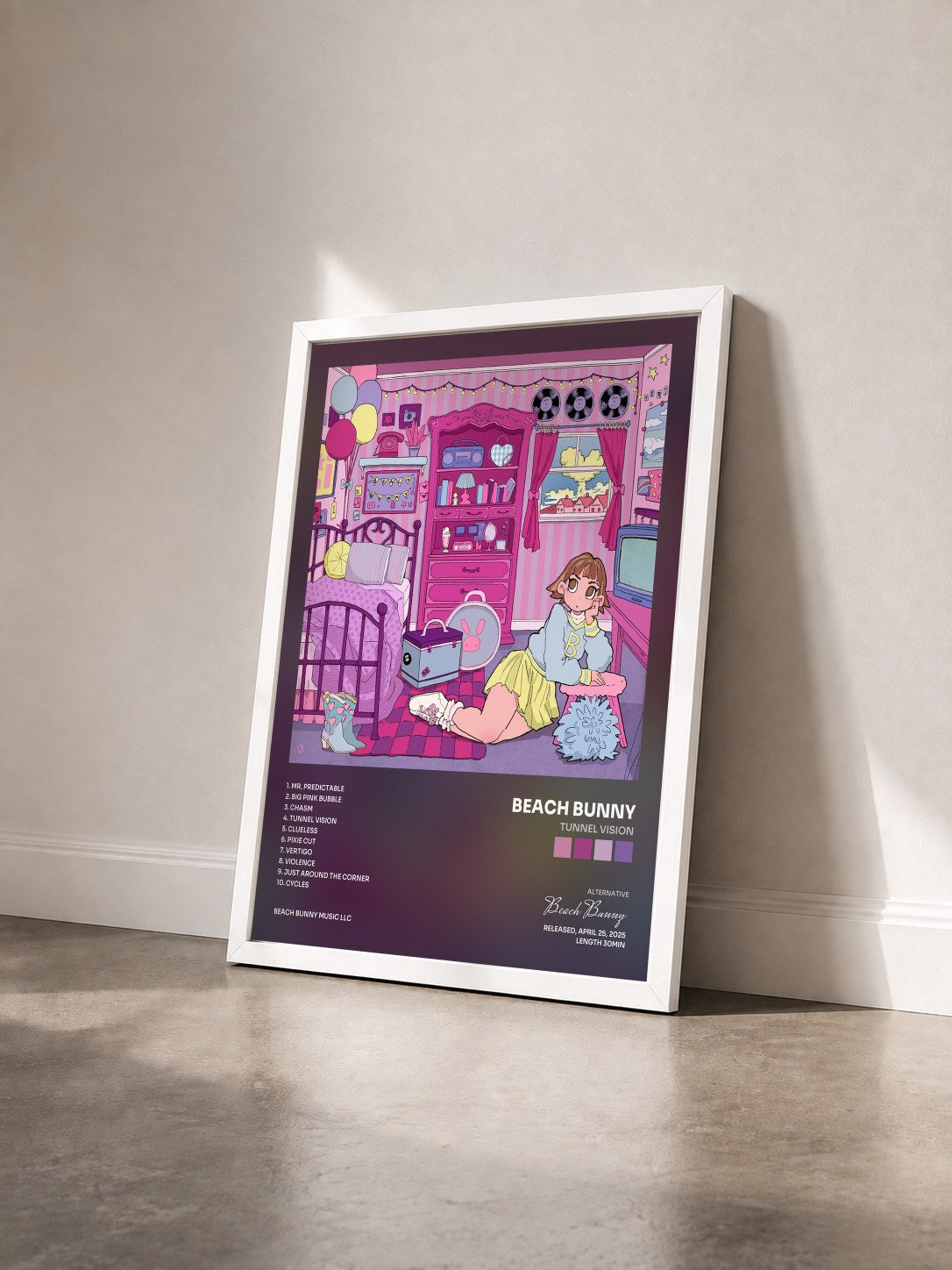 #blanc Tableau de l'album Tunnel Vision de Beach Bunny vu de trois quarts, cadre blanc