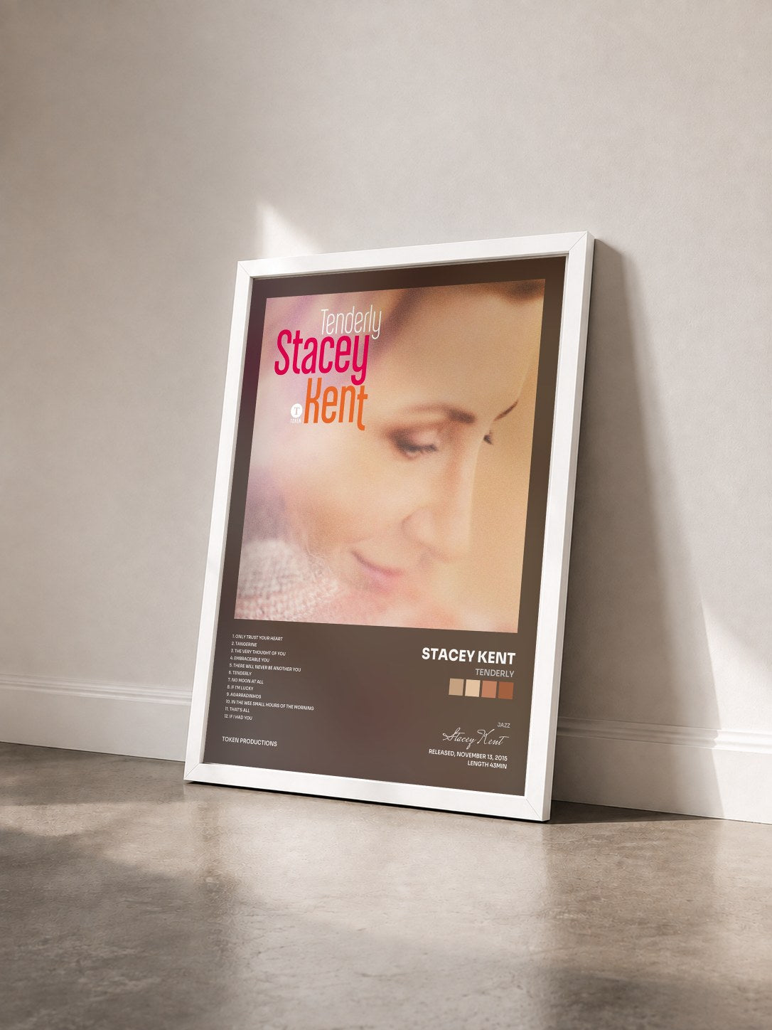 #blanc Tableau de l'album Tenderly de Stacey Kent vu de trois quarts, cadre blanc