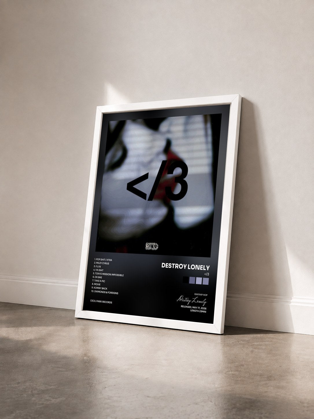 #blanc Tableau de l'album </3 de Destroy Lonely vu de trois quarts, cadre blanc