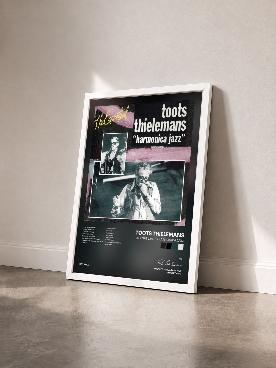 #blanc Tableau de l'album Essentiel Jazz - Harmonica Jazz de Toots Thielemans vu de trois quarts, cadre blanc