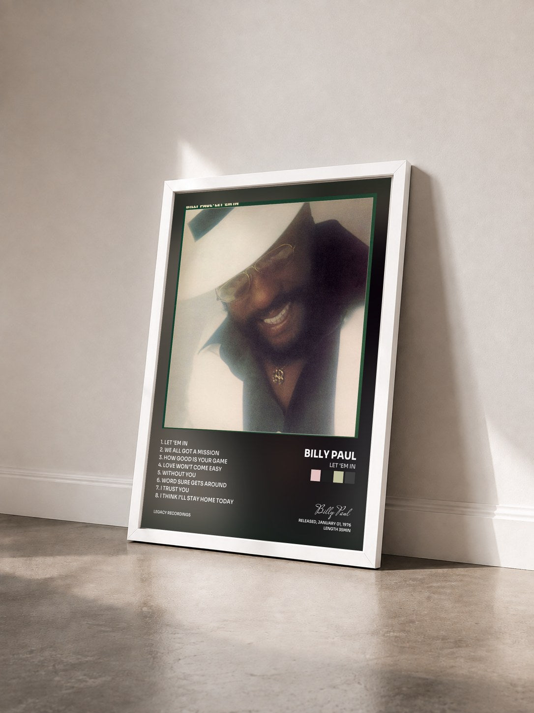 #blanc Tableau de l'album Let 'Em In de Billy Paul vu de trois quarts, cadre blanc