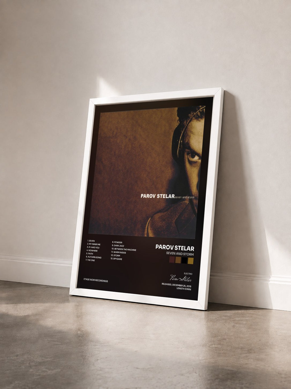 #blanc Seven and Storm by Parov Stelar as a framed art print seen at an angle, white frame