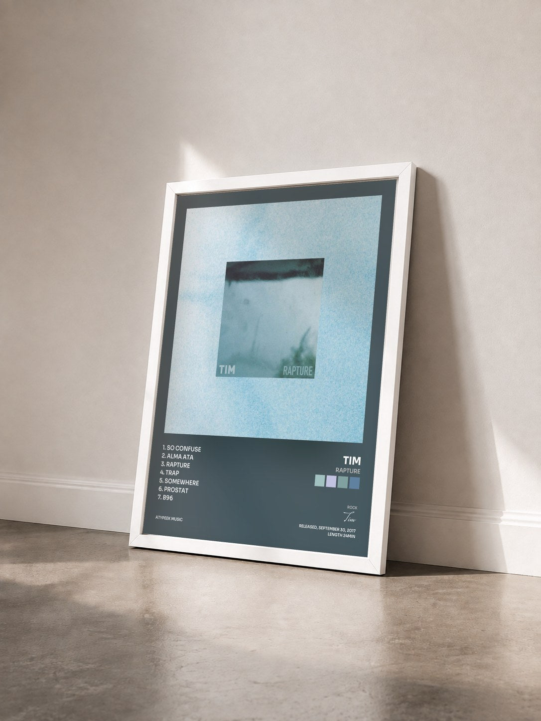 #blanc Tableau de l'album Rapture de Tim vu de trois quarts, cadre blanc