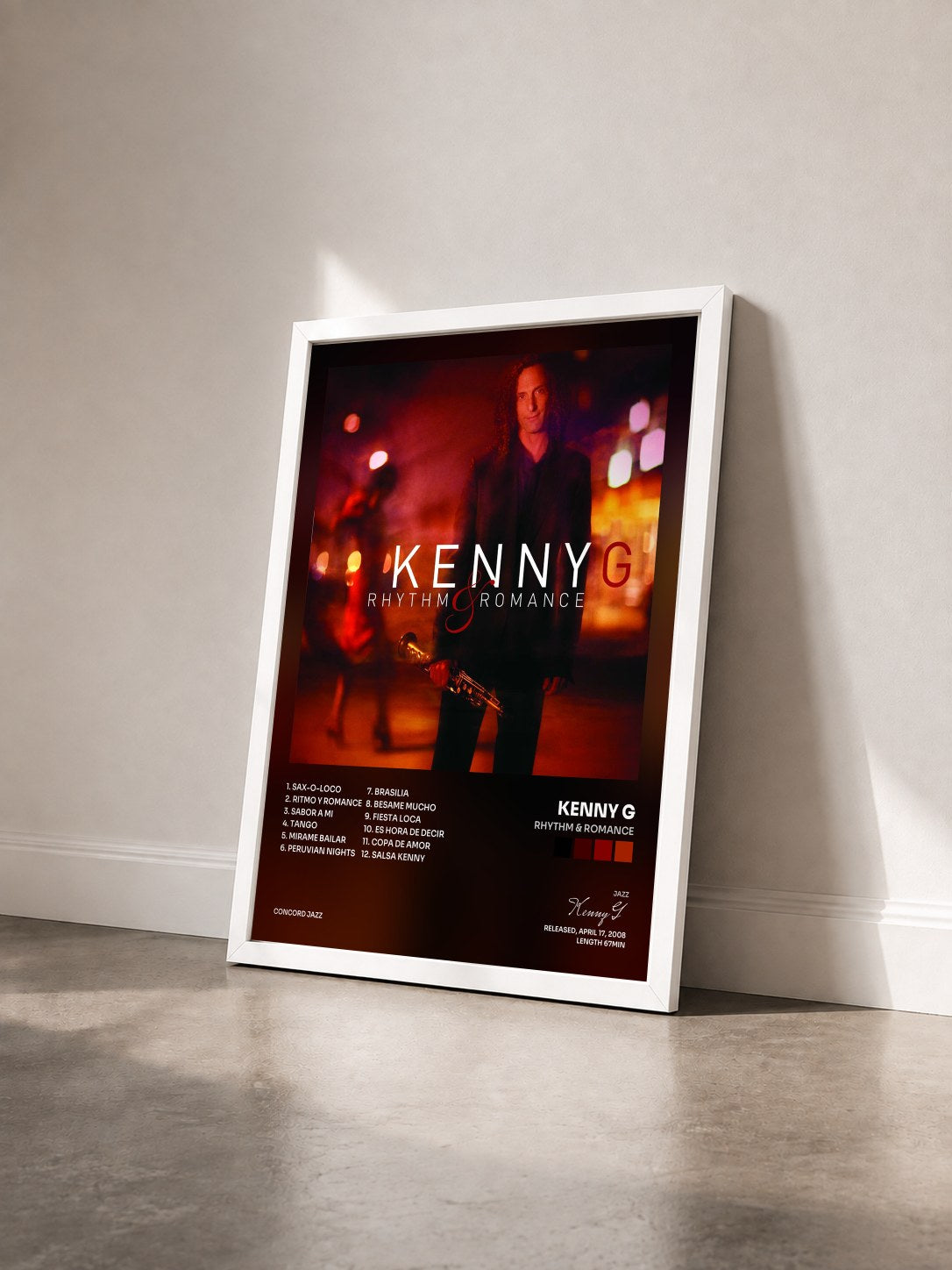 #blanc Tableau de l'album Rhythm & Romance de Kenny G vu de trois quarts, cadre blanc
