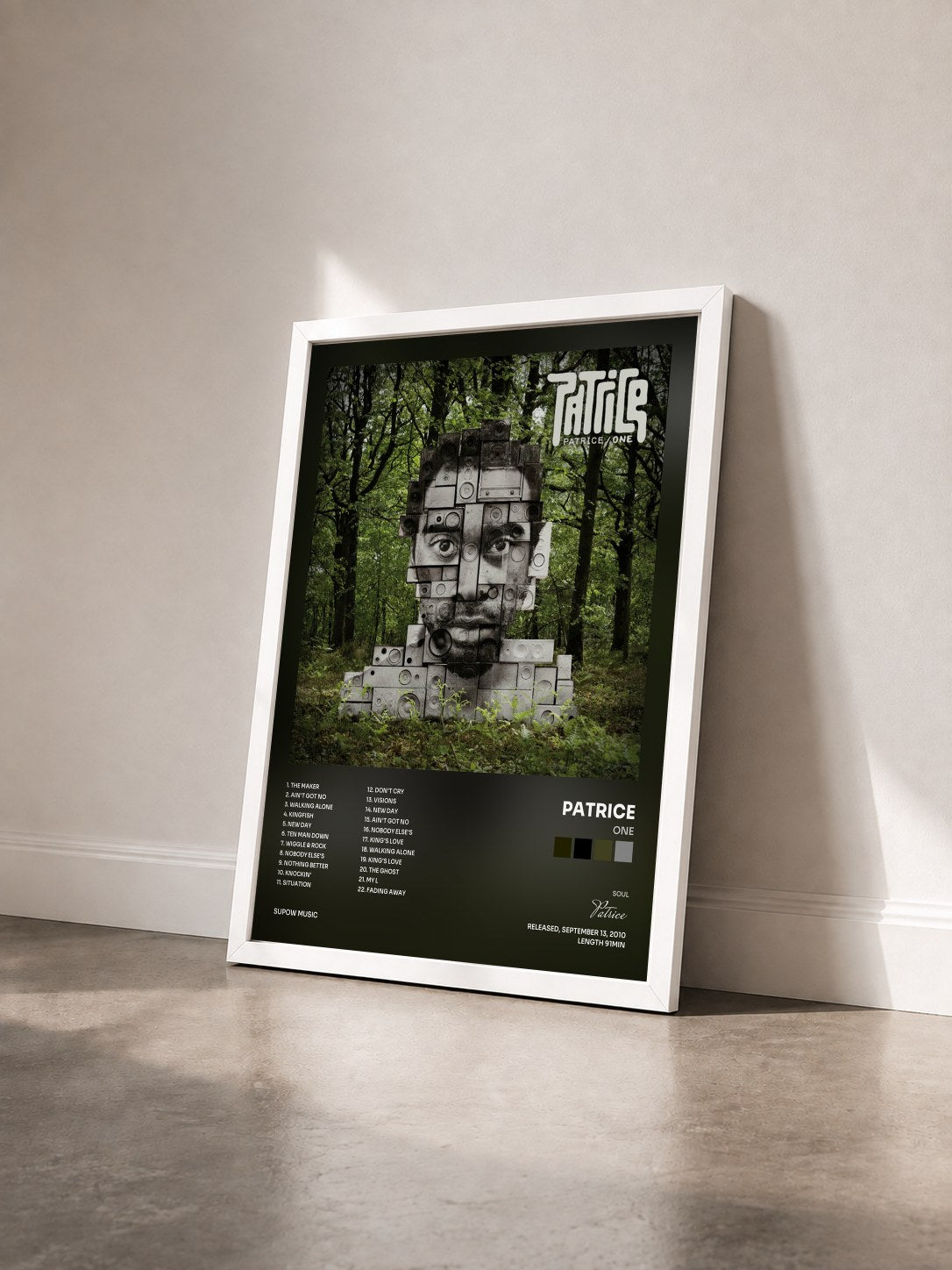 #blanc Tableau de l'album One de Patrice vu de trois quarts, cadre blanc