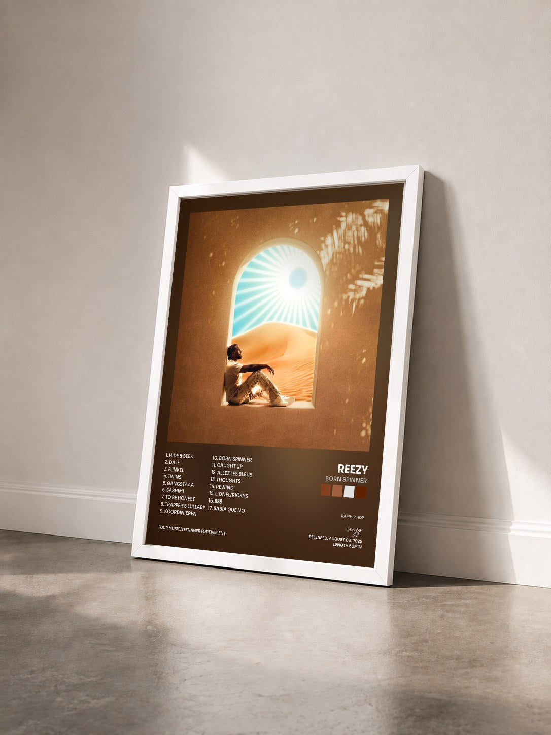 #blanc Tableau de l'album BORN SPINNER de reezy vu de trois quarts, cadre blanc