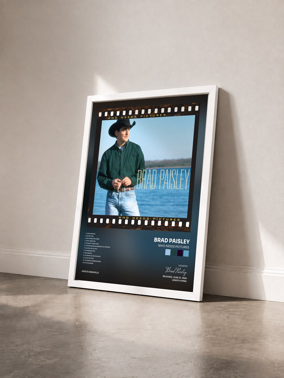 #blanc Tableau de l'album Who Needs Pictures de Brad Paisley vu de trois quarts, cadre blanc