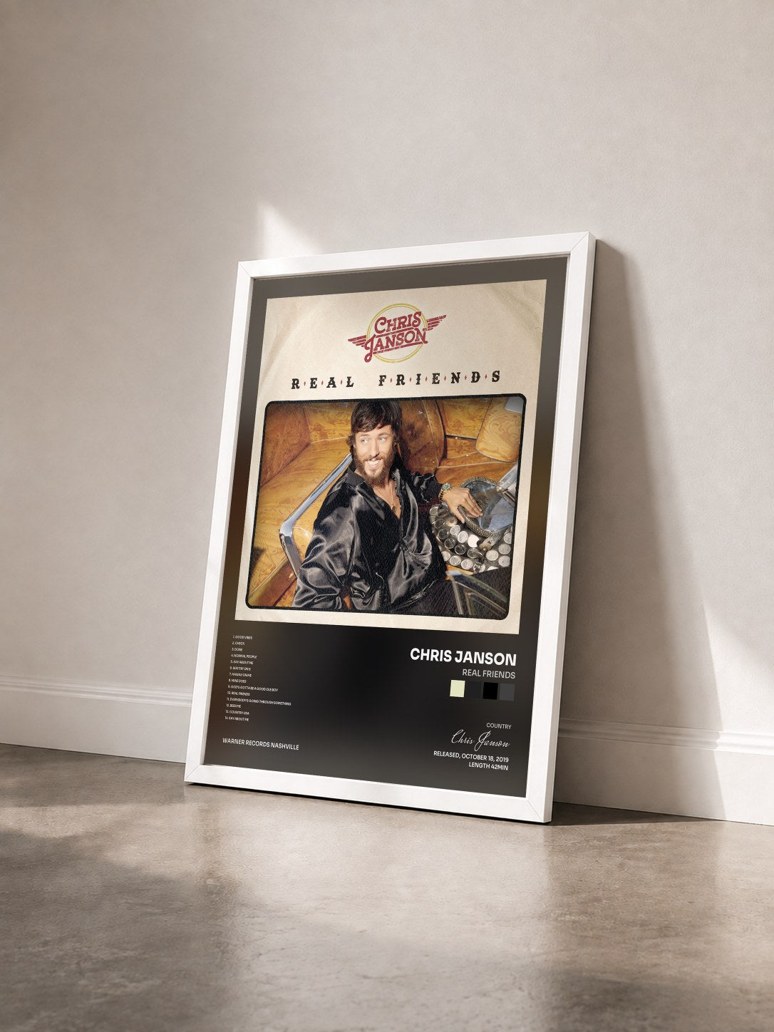 #blanc Tableau de l'album Real Friends de Chris Janson vu de trois quarts, cadre blanc