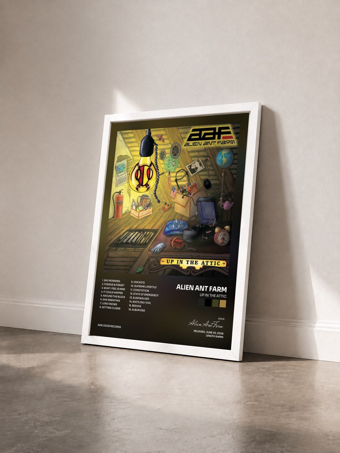 #blanc Tableau de l'album Up In The Attic de Alien Ant Farm vu de trois quarts, cadre blanc