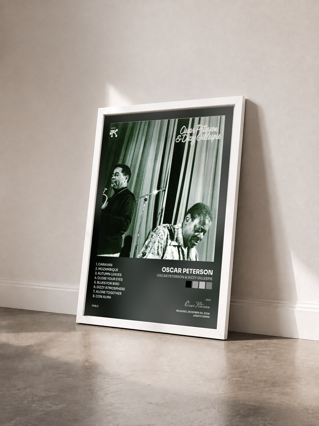 #blanc Tableau de l'album Oscar Peterson & Dizzy Gillespie de Oscar Peterson vu de trois quarts, cadre blanc