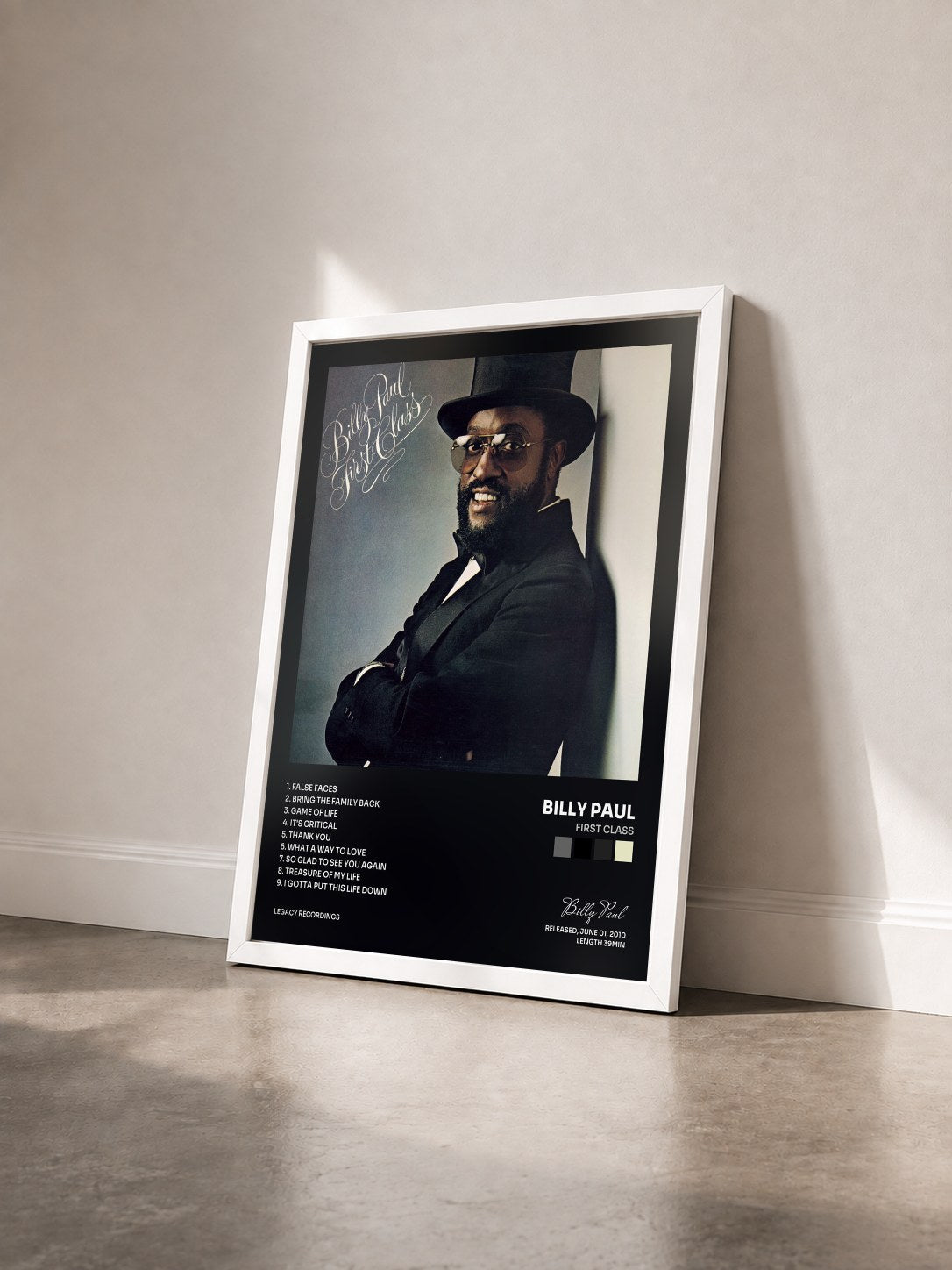 #blanc Tableau de l'album First Class de Billy Paul vu de trois quarts, cadre blanc