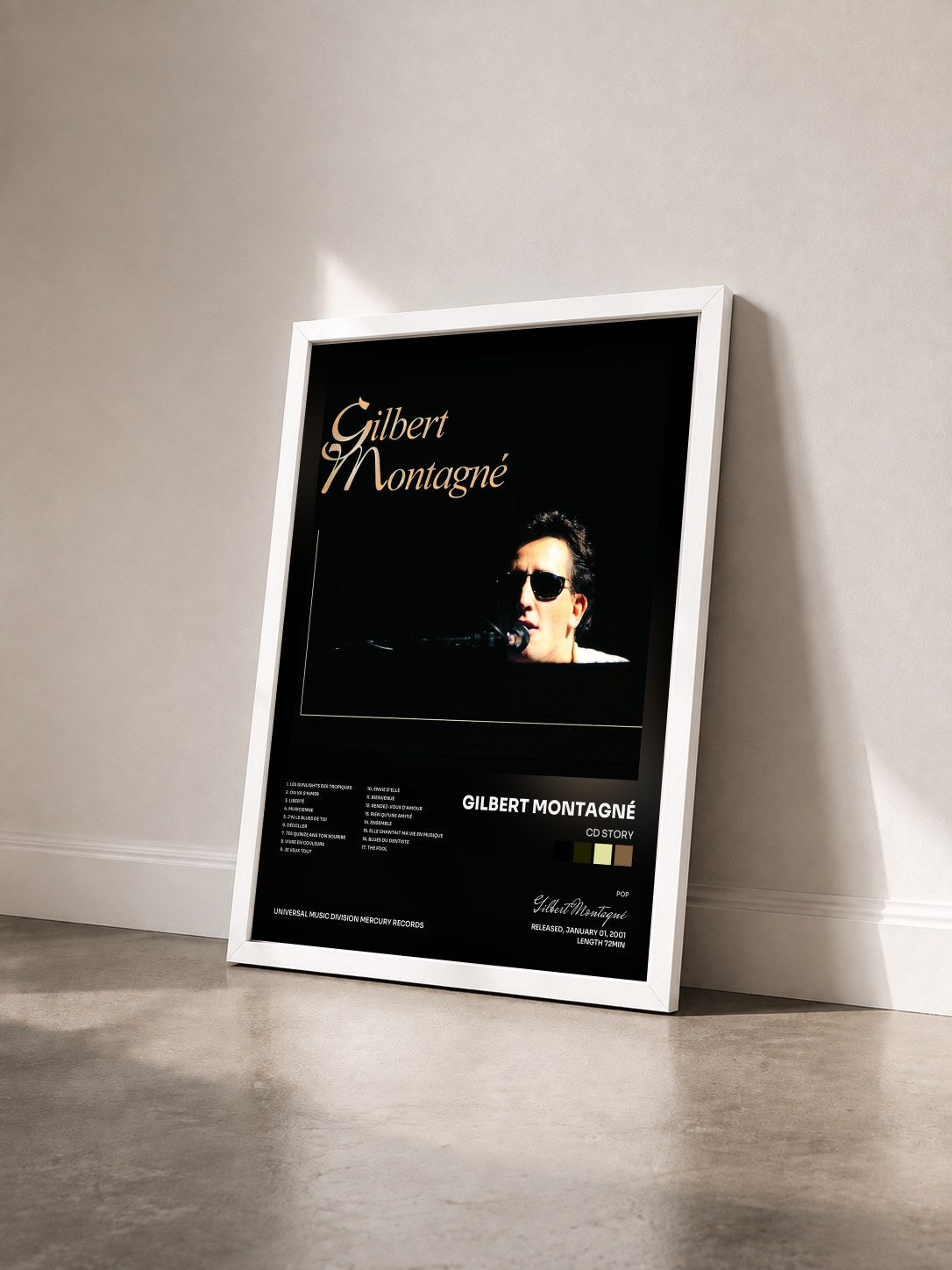 #blanc Tableau de l'album CD STory de Gilbert Montagné vu de trois quarts, cadre blanc