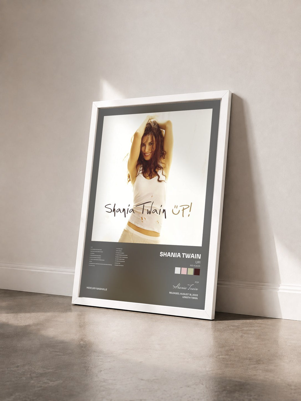 #blanc Up! (Red Album) by Shania Twain as a framed art print seen at an angle, white frame