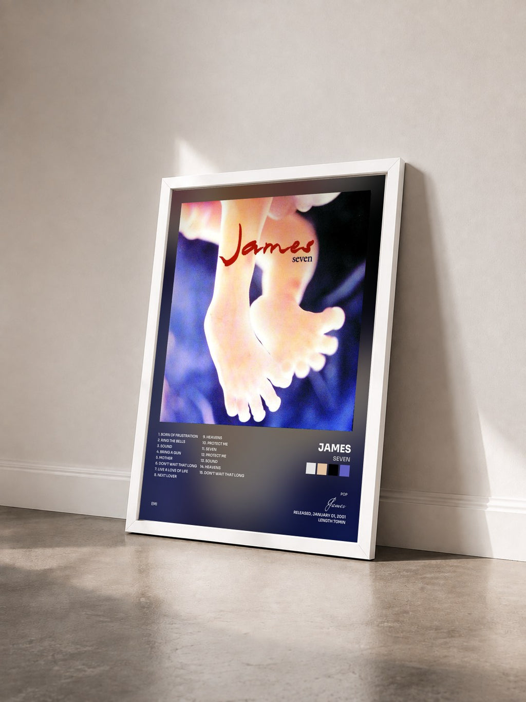 #blanc Tableau de l'album Seven de James vu de trois quarts, cadre blanc