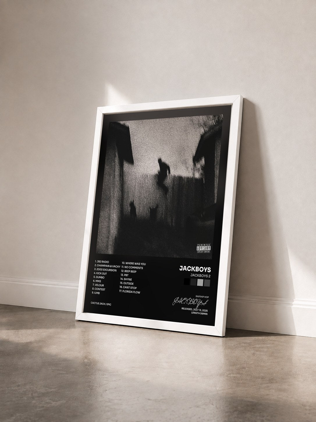 #blanc Tableau de l'album JACKBOYS 2 de JACKBOYS vu de trois quarts, cadre blanc