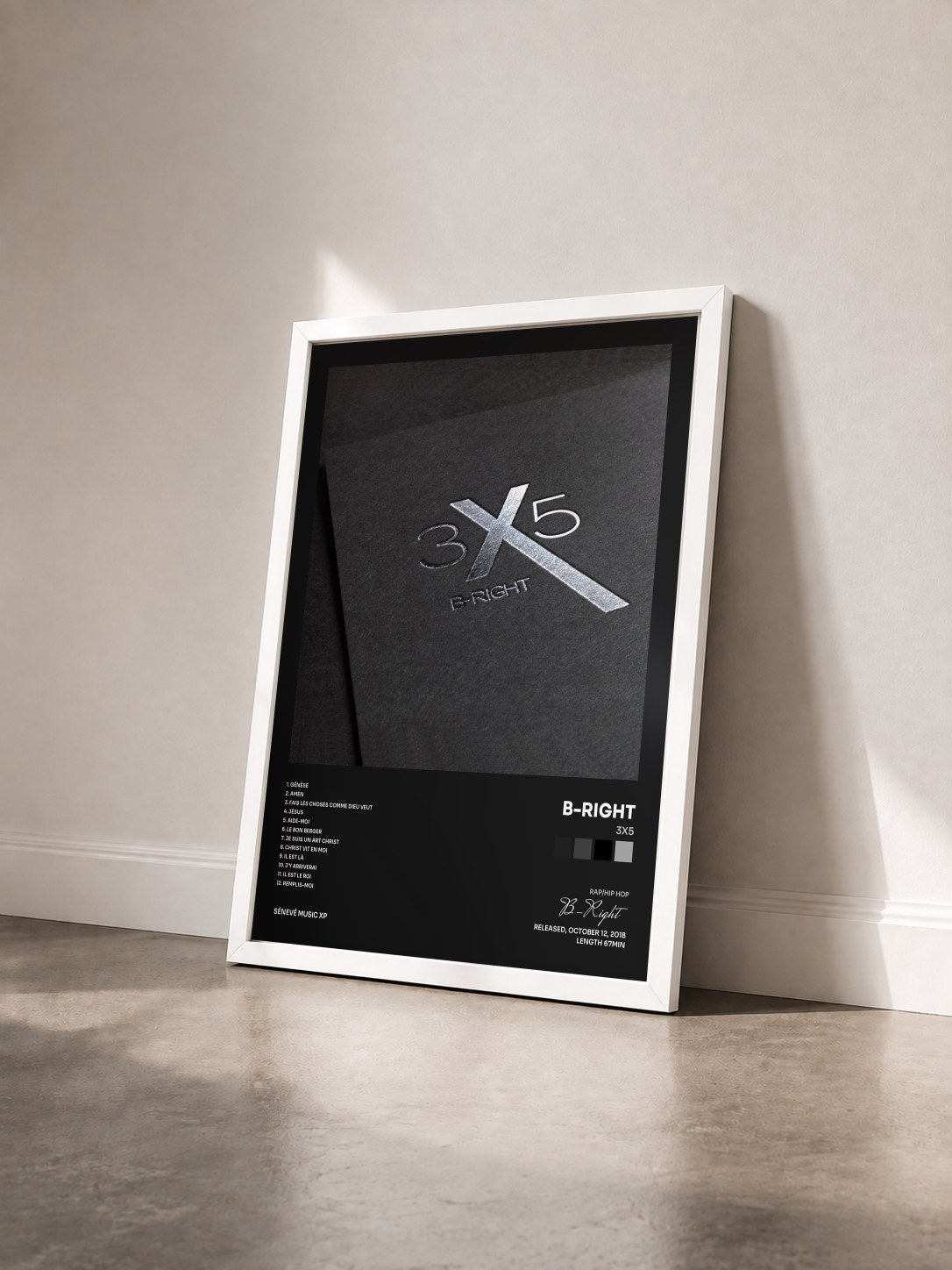 #blanc Tableau de l'album 3x5 de B-Right vu de trois quarts, cadre blanc