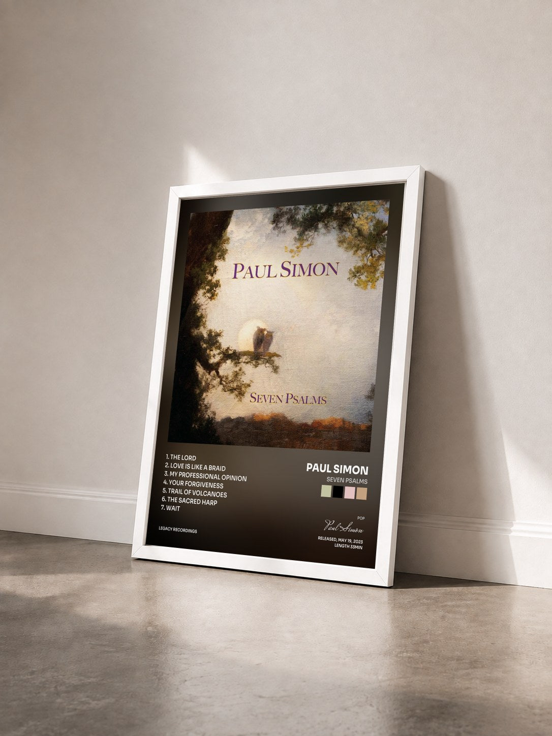 #blanc Tableau de l'album Seven Psalms de Paul Simon vu de trois quarts, cadre blanc