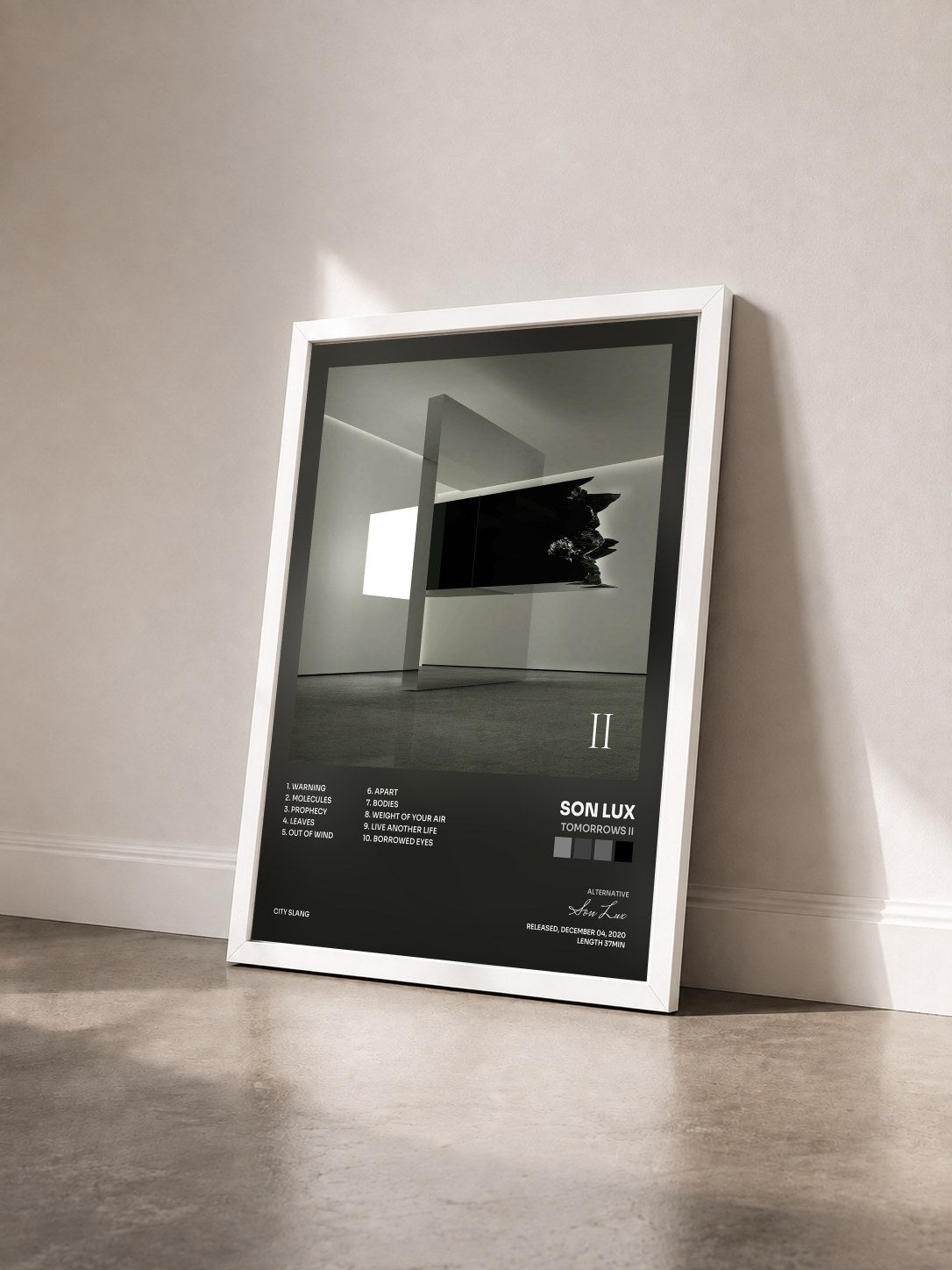 #blanc Tableau de l'album Tomorrows II de Son Lux vu de trois quarts, cadre blanc