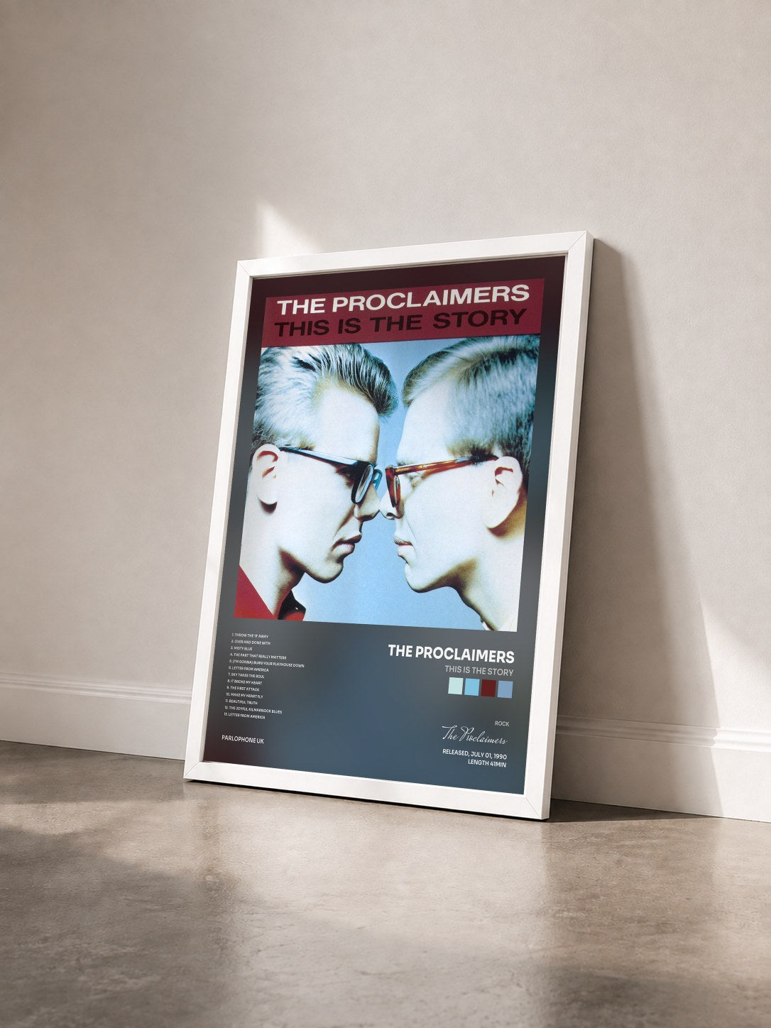 #blanc Tableau de l'album This Is the Story de The Proclaimers vu de trois quarts, cadre blanc