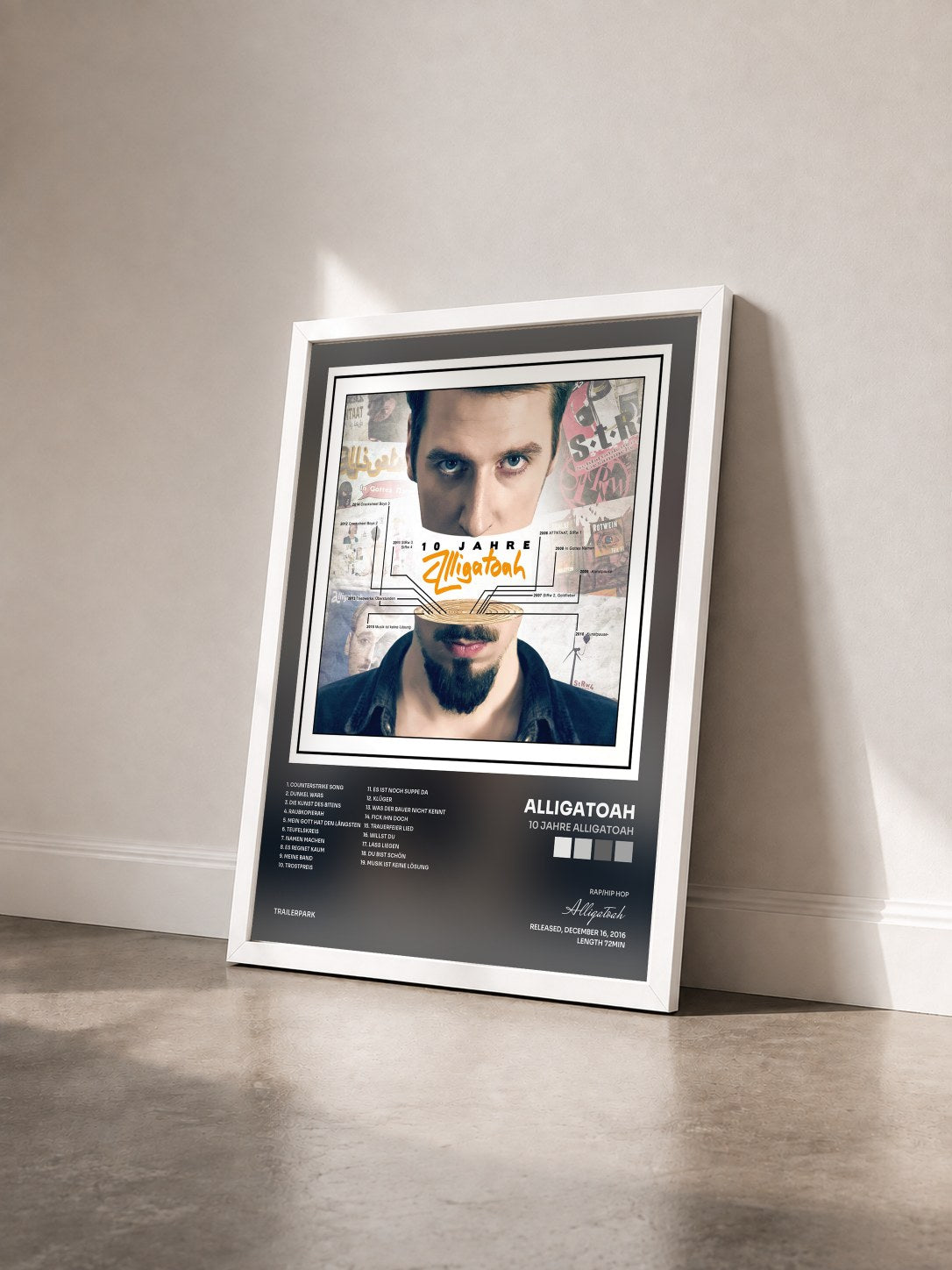 #blanc Tableau de l'album 10 Jahre Alligatoah de Alligatoah vu de trois quarts, cadre blanc