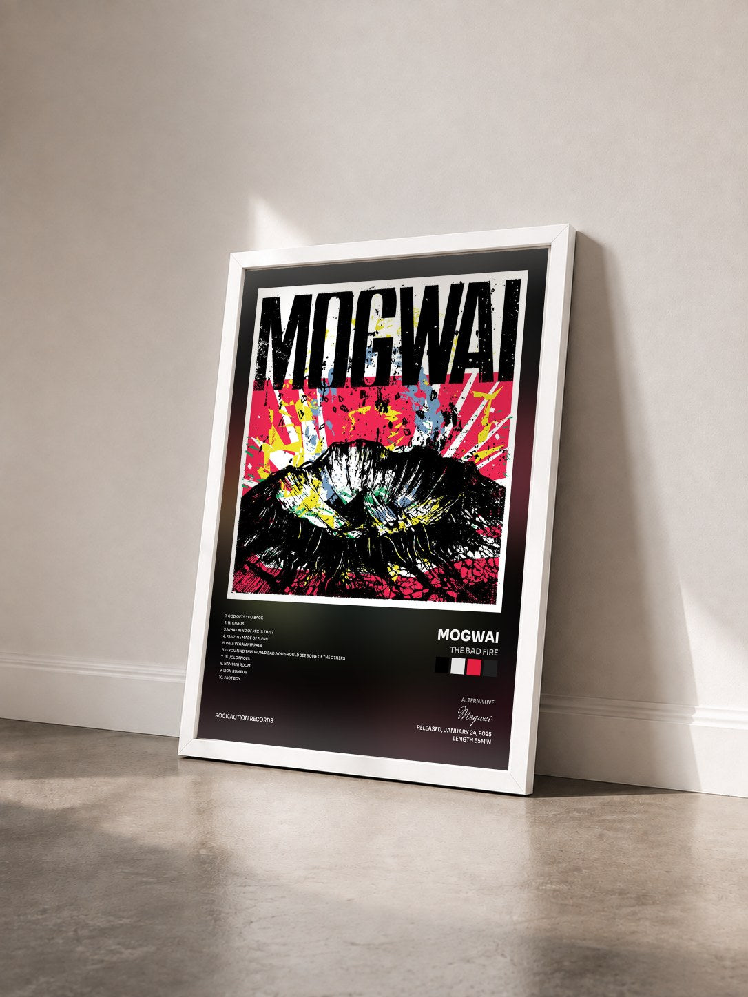 #blanc Tableau de l'album The Bad Fire de Mogwai vu de trois quarts, cadre blanc